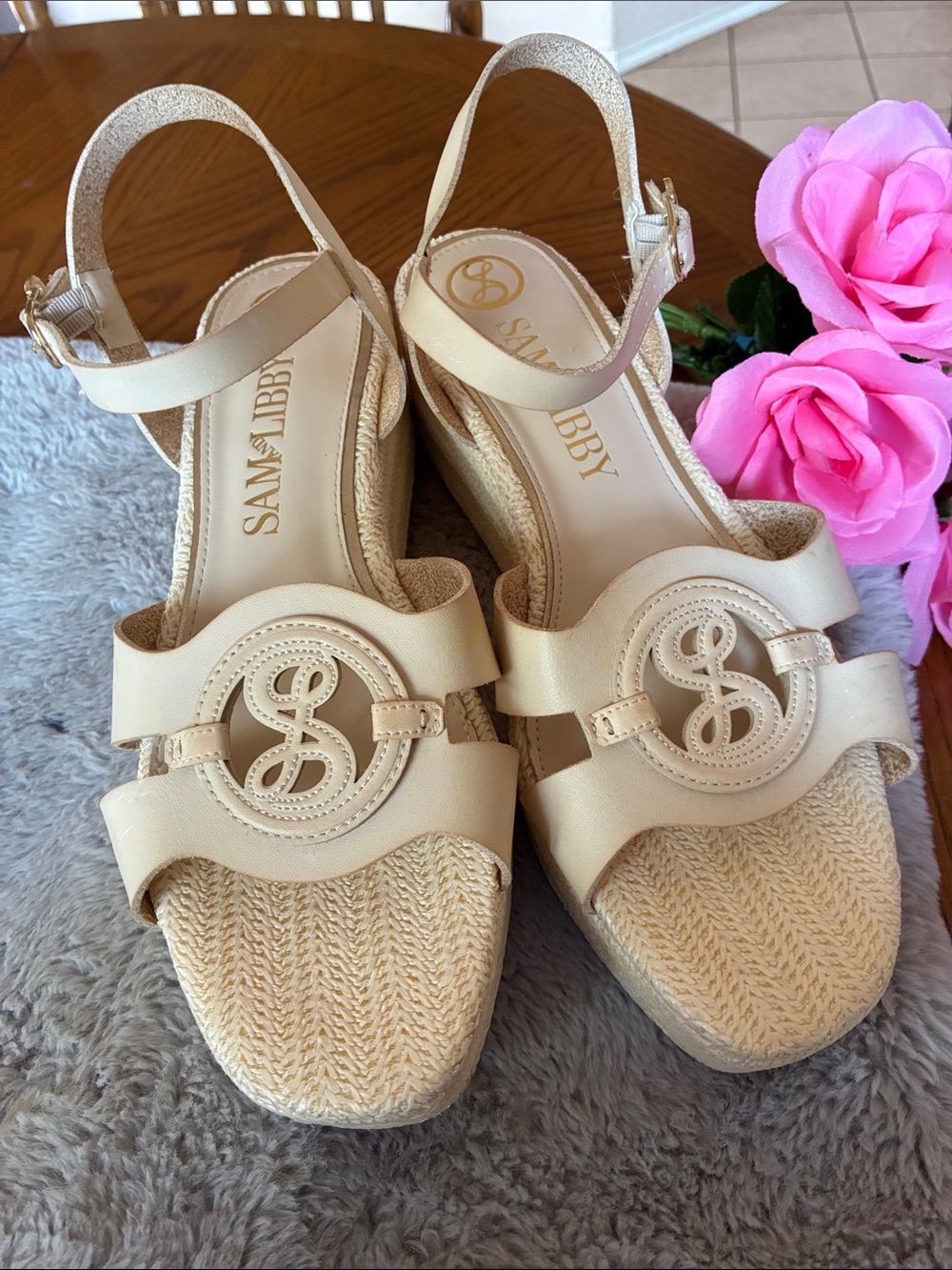 Sam & Libby Beige Leather Wedge Sandals with Logo Accent